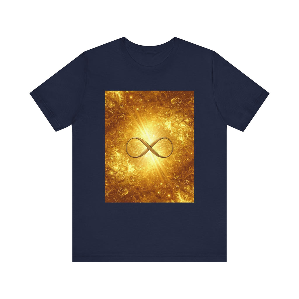 Infinity Symbol Cosmic Tee — Golden Spiritual Graphic T-Shirt