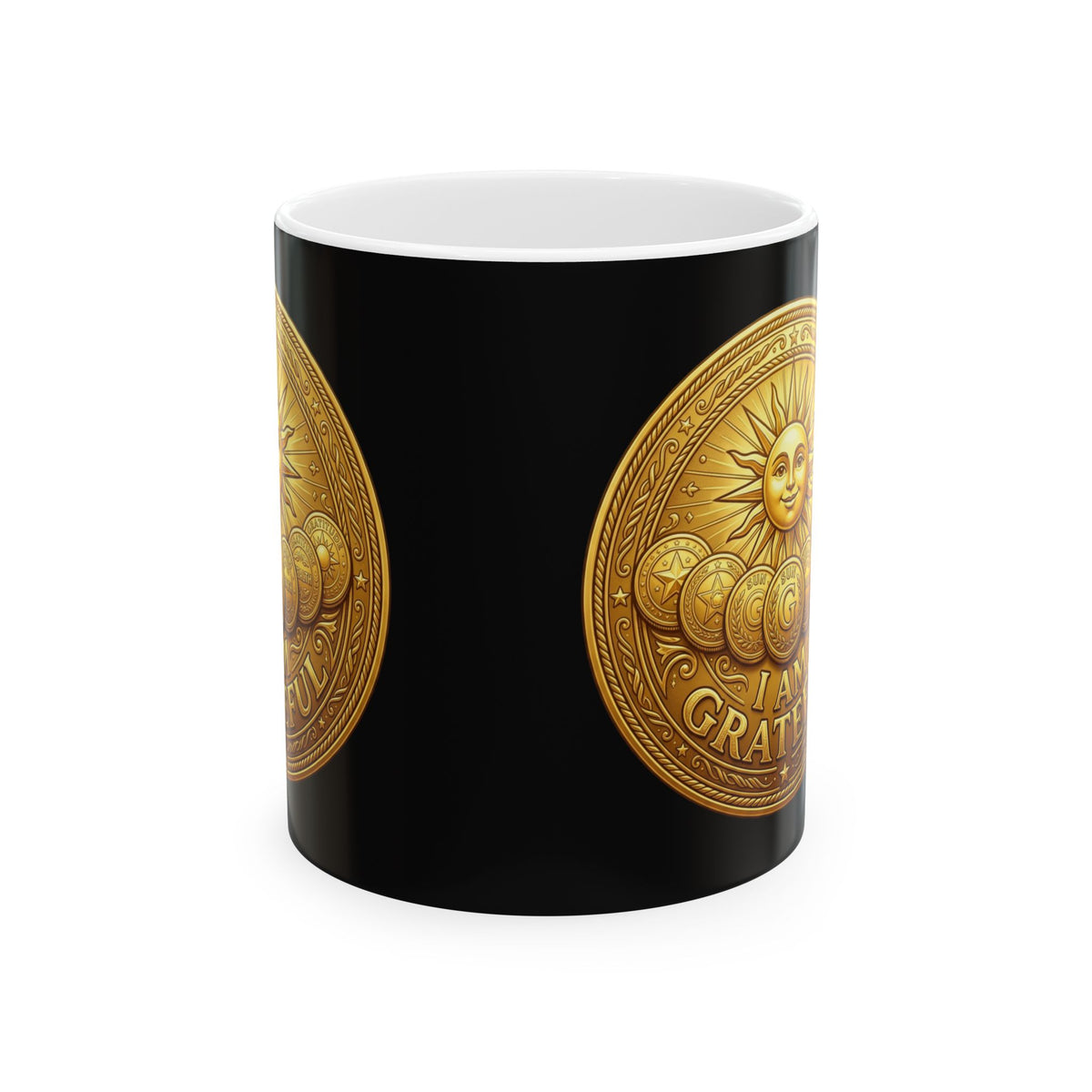 Gold Coin Ceramic Mug – Gratitude Sun Emblem Coffee Cup (11oz & 15oz)