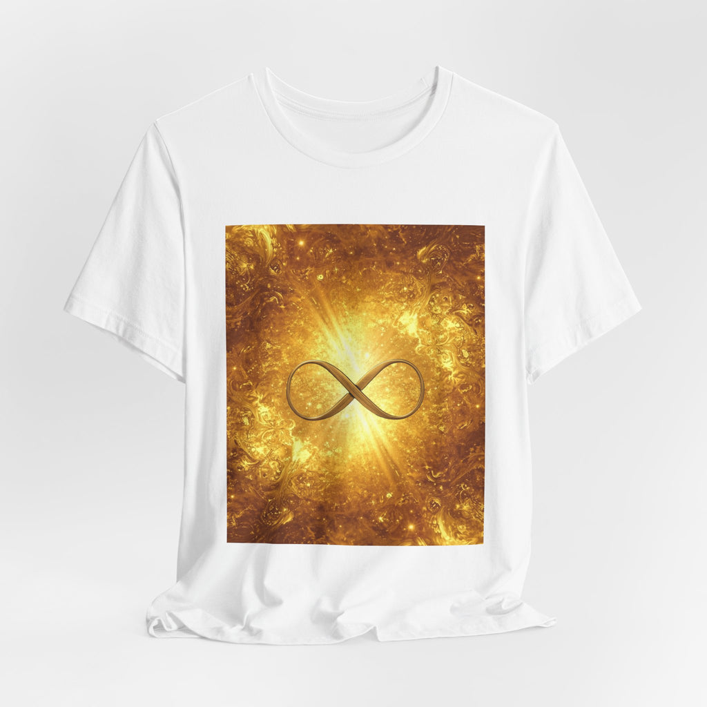 Infinity Symbol Cosmic Tee — Golden Spiritual Graphic T-Shirt