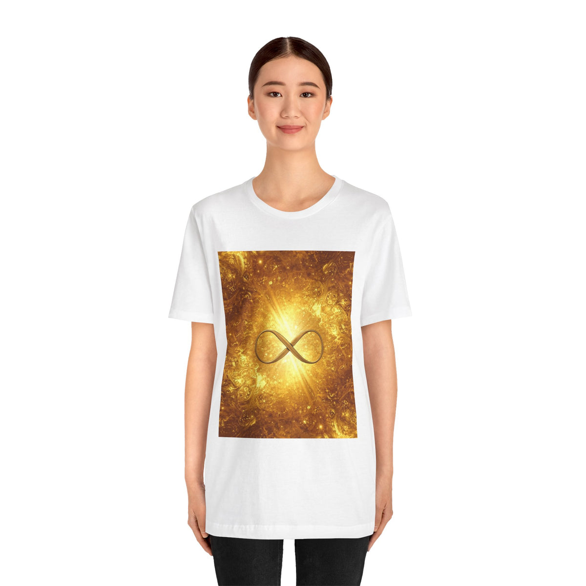Infinity Symbol Cosmic Tee — Golden Spiritual Graphic T-Shirt
