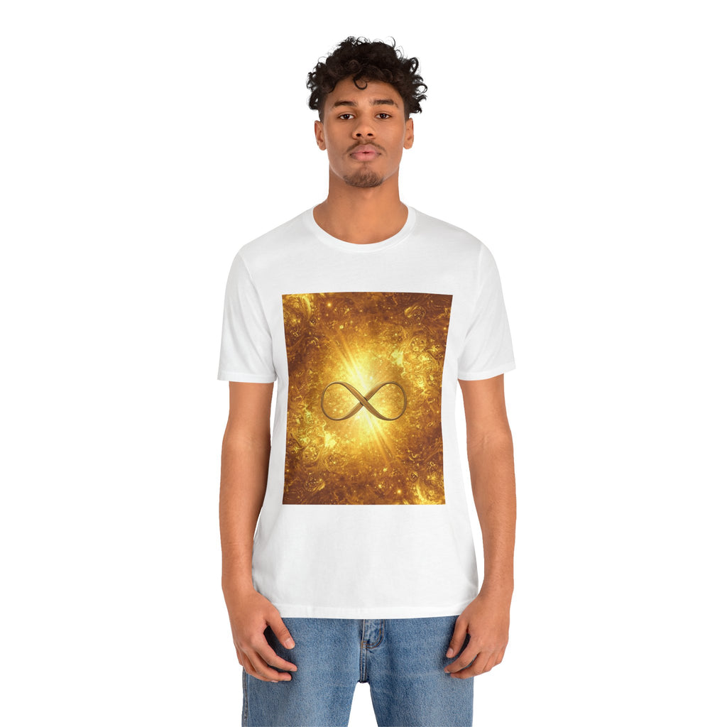 Infinity Symbol Cosmic Tee — Golden Spiritual Graphic T-Shirt